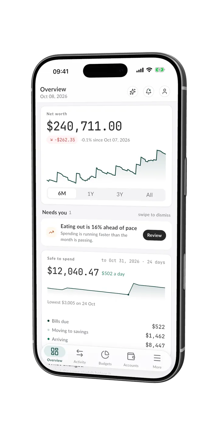 The MintValt app on an iPhone, showing net worth and what is safe to spend.